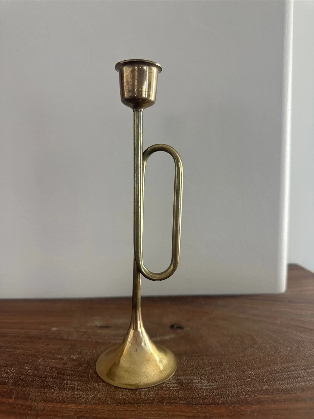 Vintage Brass Bugle Trumpet Taper Candle Holder - Solid Brass - 8”